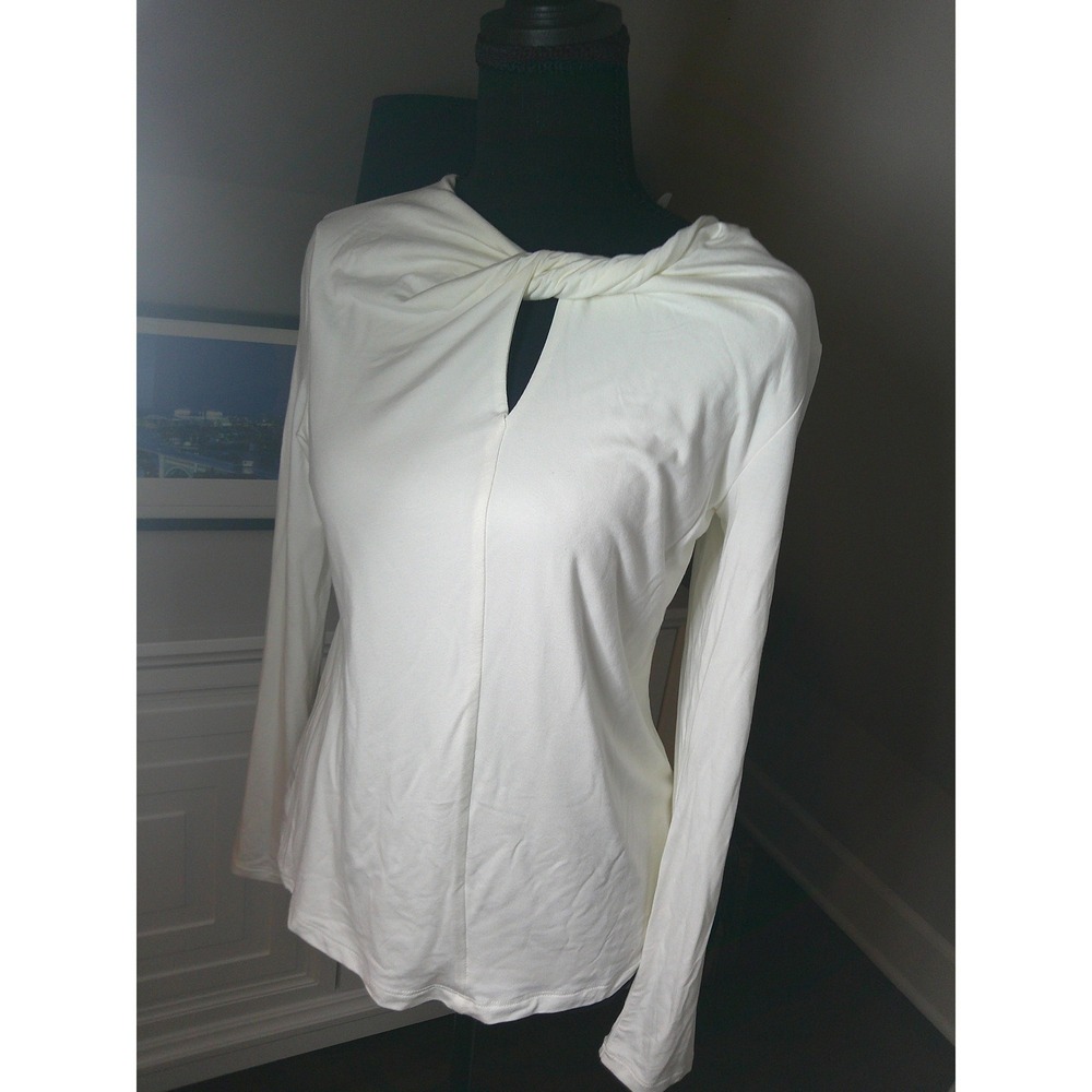 Elie Tahari Top Women M Cream NWT Twist Keyhole Neck Long Sleeve Viscose Blend